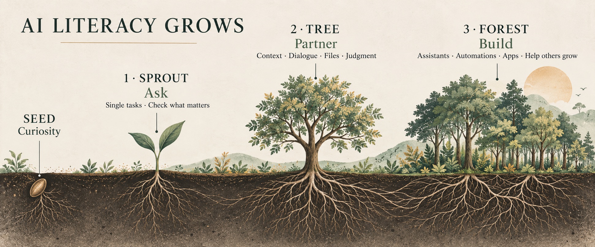 Illustration: AI literacy grows from a seed (curiosity) to a sprout (ask: single tasks, check what matters), a tree (partner: context, dialogue, files, judgment) and a forest (build: assistants, automations, apps, help others grow), with roots spreading deeper at every stage.